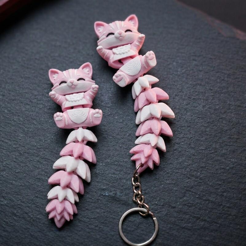 3D Printing Design Software - 3D-gedruckter rosa Katzen-Schlüsselanhänger mit beweglichem, flexiblem